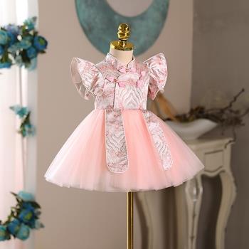女童禮服夏新款粉色公主裙唐裝篷篷紗裙寶寶周歲生日禮服主持鋼琴