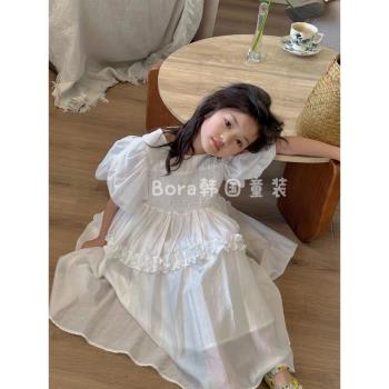 波拉bora韓國童裝女童連衣裙夏季中大童公主裙子白色兒童氣質長裙
