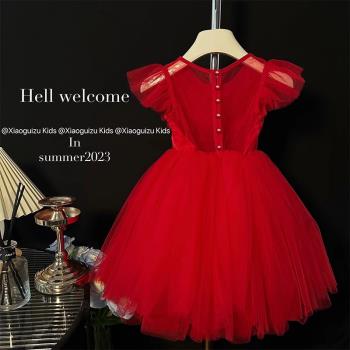 兒童禮服公主裙夏季女孩洋氣生日蓬蓬紗連衣裙女童紅色六一表演服