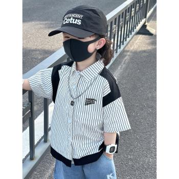 夏裝韓國韓版兒童條紋拼色短袖襯衫男童字母印花上衣寶寶氣質襯衣