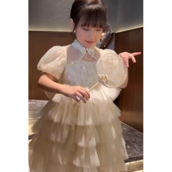 女童連衣裙中國風女孩旗袍夏裝2023新款洋氣兒童泡泡袖網紗公主裙