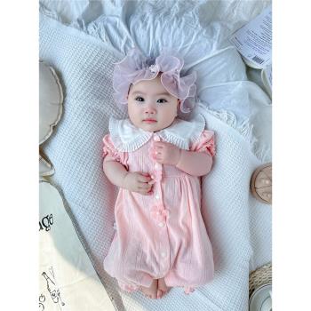 嬰兒衣服薄款透氣新生女寶寶連體衣公主滿月百天短袖哈衣爬服夏季