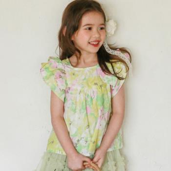 女童襯衫夏款2023新款韓國童裝兒童女孩洋氣田園復古花朵菲袖T恤
