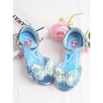 愛莎公主涼鞋時尚小女孩軟底藍色水鉆兒童冰雪奇緣夏季女童平底鞋