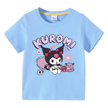 庫洛米Kuromi女童夏裝短袖2023夏季新款純棉T恤圓領休閑中童上衣
