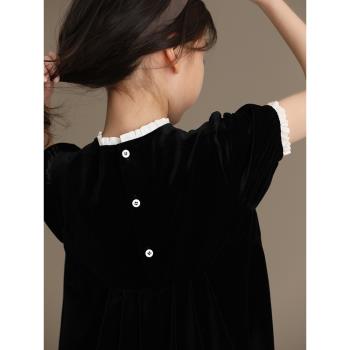 韓國童裝夏季新品女童親子圓領系扣黑色金絲絨A字短袖公主連衣裙