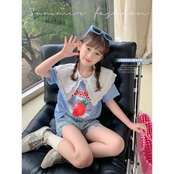女童t恤夏裝2024新款韓版洋氣兒童短袖小女孩夏季翻領半袖上衣潮