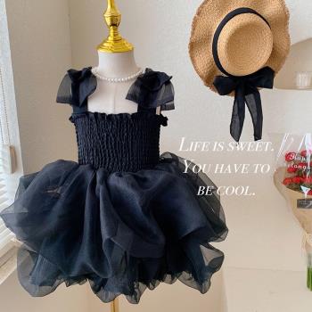 女童吊帶連衣裙夏季高級感洋氣寶寶黑色公主裙兒童生日禮服蓬蓬裙