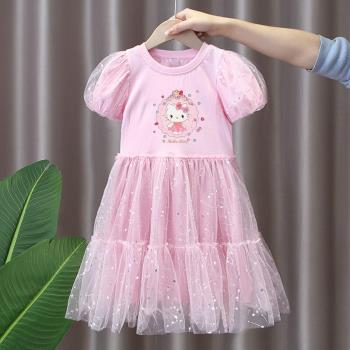 凱蒂貓女童連衣裙夏裝2023年新款蓬蓬網紗裙子洋氣中小兒童公主裙
