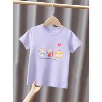 27home韓版童裝2023夏裝新款女寶寶衣服兒童純棉卡通短袖t恤紫色