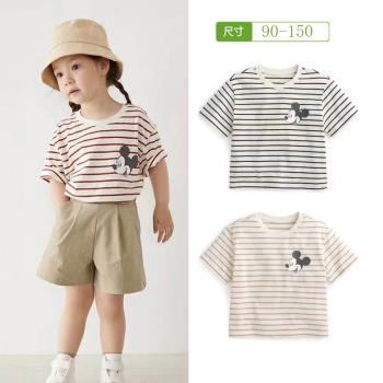 夏裝新款女童純棉T恤休閑條紋兒童半袖上衣日系小童衣服寶寶短袖
