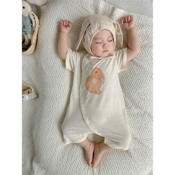 嬰兒夏季竹纖維短袖平角寶寶無骨連體衣初生薄款包屁爬新生兒哈衣