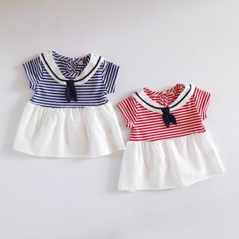 日單夏季女兒童海軍風短袖T恤條紋海軍領套頭上衣女寶寶薄款裙衫