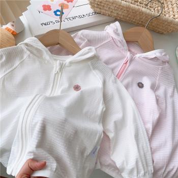 夏季嬰兒竹節棉空調衫薄款寶寶拉鏈衫連帽外套花朵防曬衣兒童上衣