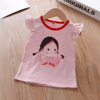 夏季新款女童T恤童裝可愛寶寶條紋圓領無袖上衣印花背心小女孩