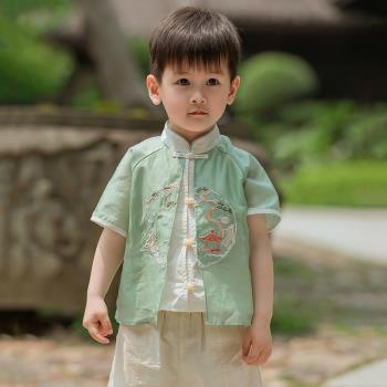 漢服男童夏季薄款套裝高端中式國風唐裝男孩兒童改良男寶短袖古裝