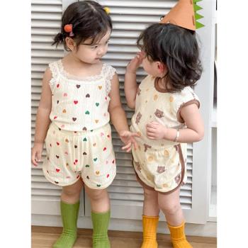 兒童純棉背心套裝夏季薄款2023男女童韓版家居服套裝寶寶透氣睡衣