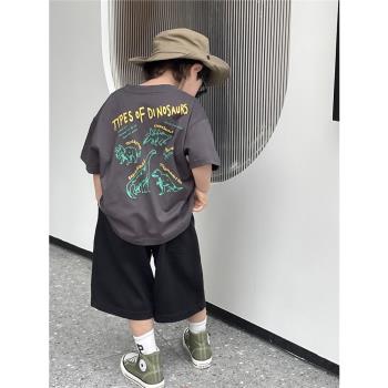 男童夏季短袖T恤日系童裝2023新款兒童夏裝純棉半袖上衣男孩恐龍