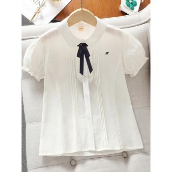女童學院風襯衫短袖兒童韓版洋氣白色上衣中大童夏季新款短袖襯衣