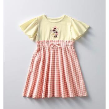 出口日本純棉夏季女童公主裙兒童短袖洋氣格子連衣裙兒童飛袖童裙