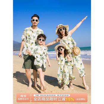 海邊度假親子裝三亞沙灘裝一家三口襯衫母子夏季母女款顯瘦連體褲