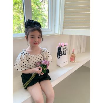 女童甜美方領泡泡袖波點襯衫2023夏季新款韓版洋氣兒童寶寶娃娃衫