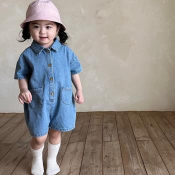 現貨韓國進口嬰兒時尚洋氣短袖牛仔爬服連體衣寶寶夏季薄款外出服