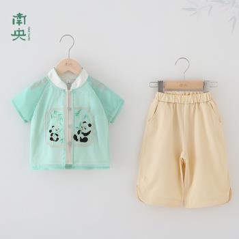 寶寶漢服男童中國風夏季薄款兒童唐裝熊貓短袖套裝男孩古裝國學服