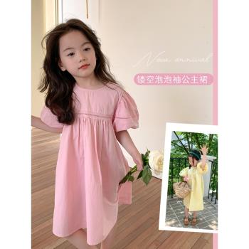 女童夏季連衣裙韓版純色蕾絲鏤空公主裙兒童寶寶甜美泡泡袖長裙子