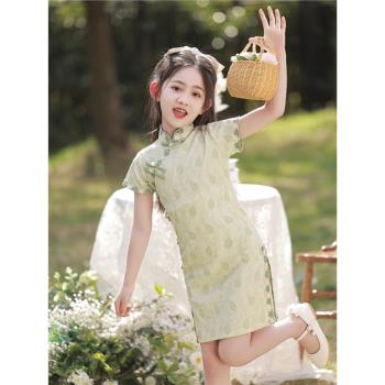 女童旗袍綠色蕾絲夏季短袖復古中國風兒童小清新改良中大童連衣裙
