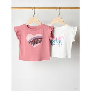 E851-P1 童裝80-125碼 歐美兒童純棉短袖T恤夏裝圓領半袖珠片外貿