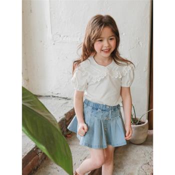女童花邊領短袖T恤2023夏裝新款韓版純棉百搭洋氣兒童小女孩上衣