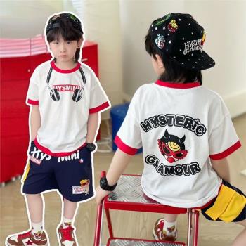 日系潮牌男童嘻哈短袖夏季寬松T恤套裝中大兒童卡通印花拼色上衣