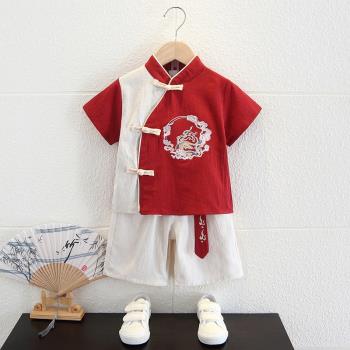 漢服男童夏季短袖改良中國風唐裝套裝兒童古風夏裝演出服民族衣服