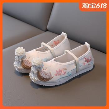 2023夏季新款女童繡花鞋中國風軟底表演兒童漢服鞋古裝老北京布鞋
