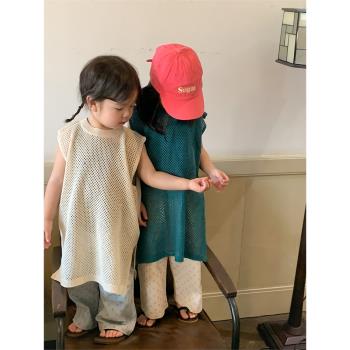 兒童鏤空針織衫2023夏季新款女童純色針織背心中小童百搭休閑上衣