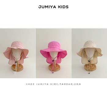 ins新款夏季兒童防曬帽薄款護脖帽男女童純色戶外寶寶沙灘太陽帽