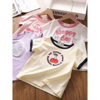 女童純棉短袖T恤2023夏季新款寶寶印花上衣兒童撞色領打底衫韓版