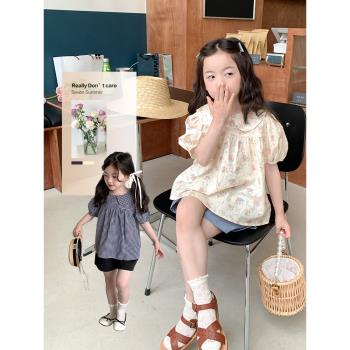 兒童純棉碎花襯衫2023夏季新款女童韓版洋氣時髦上衣寶寶娃娃衫