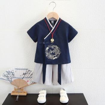 漢服男童古裝短袖薄款唐裝演出服三月三民族服裝兒童傳統夏季衣服