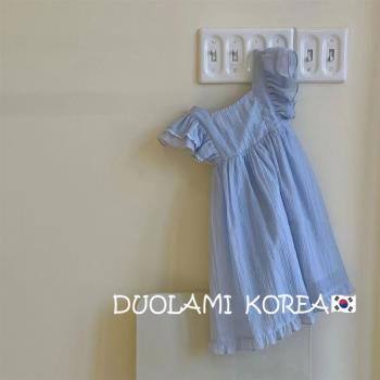 韓國童裝女童夏裝藍色網紅小飛袖連衣裙寶寶洋氣背心裙方領公主裙