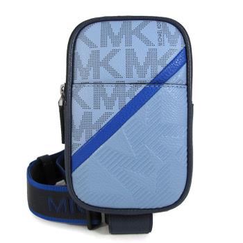 MICHAEL KORS COOPER 滿版LOGO皮滾邊斜條紋手機胸包(藍色)
