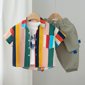 洋氣條紋，男童短袖襯衫2023新款兒童寶寶韓版夏裝襯衣小童上衣