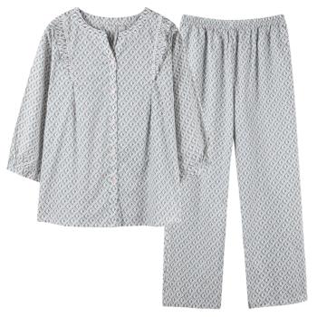 中老年媽媽睡衣女士梭織純棉薄款七分袖九分褲家居服夏季全棉套裝