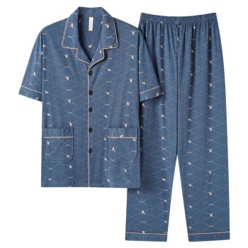 加肥加大碼寬松睡衣男短袖長褲夏季薄款純棉中老年爸爸家居服套裝
