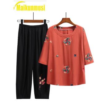 媽媽夏裝中老年女裝奶奶套裝短袖t恤民族風中袖上衣老人太太衣服