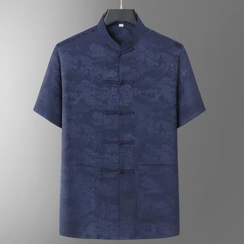中國風復古中老年男夏季薄款寬松短袖唐裝大碼中式襯衫盤扣中山裝