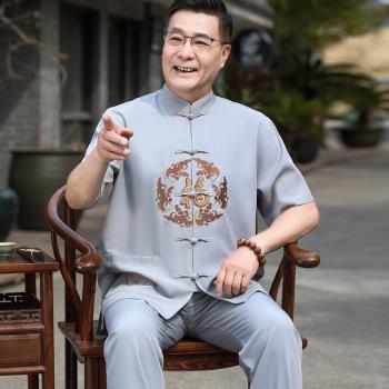 中老年人唐裝男爺爺夏裝短袖襯衫套裝70歲80爸爸國風刺繡衣服新款