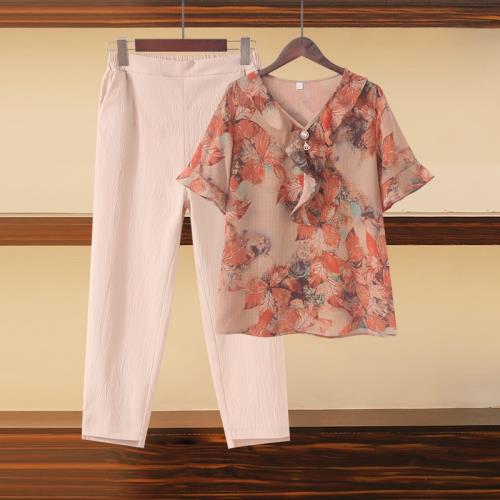 中年媽媽夏裝中老年人雪紡衫上衣女裝九分褲子短袖T恤兩件套裝