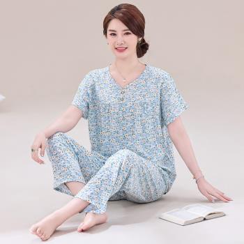 中老年女士媽媽棉綢睡衣女老年人綿綢套裝夏季薄款老人短袖家居服